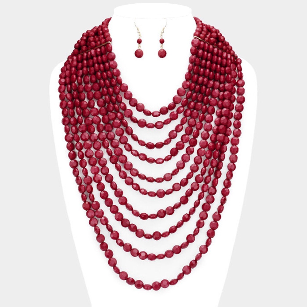 Burgundy Multi Strand Faceted Beaded Statement Necklace